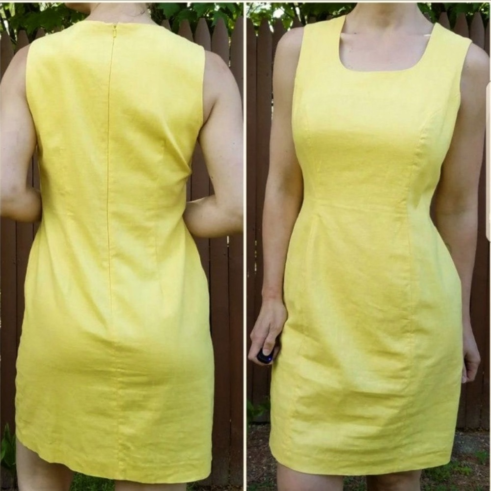 Vintage sleeveless yellow cotton linen sheath dress size 10P